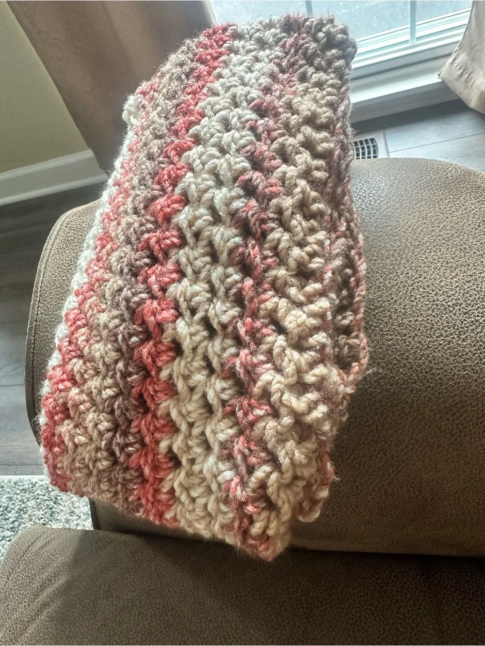 Handmade Crochet Infinity Scarf in Cream, Tan and Coral